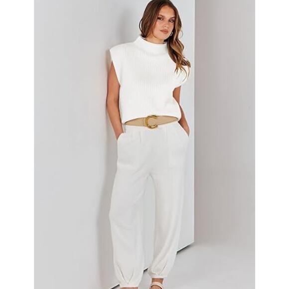 Caracilia White Knit Sleeveless Sweater, Layering Vest, Ribbed Mock Neck Top XL - Picture 3 of 8